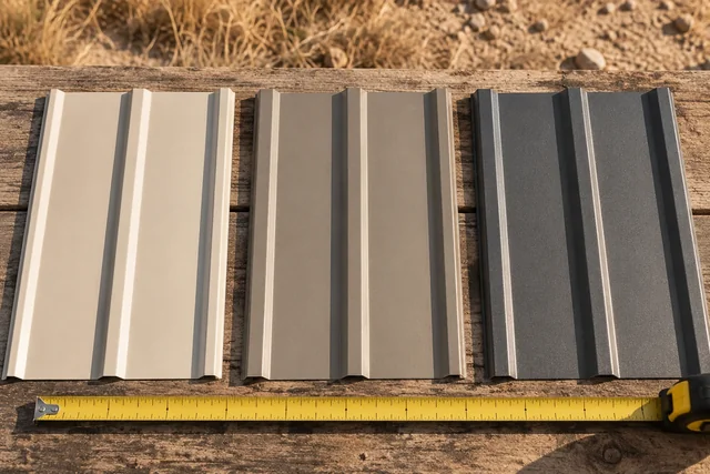 Steel siding gauge samples and a tape measure, symbolizing pole barn cost factors