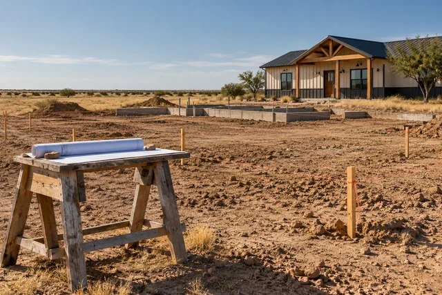 Survey stakes and site plan at a Lubbock County building lot