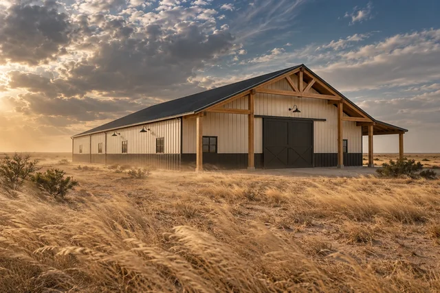 Pole barn with diagonal wind bracing under a dramatic West Texas sky